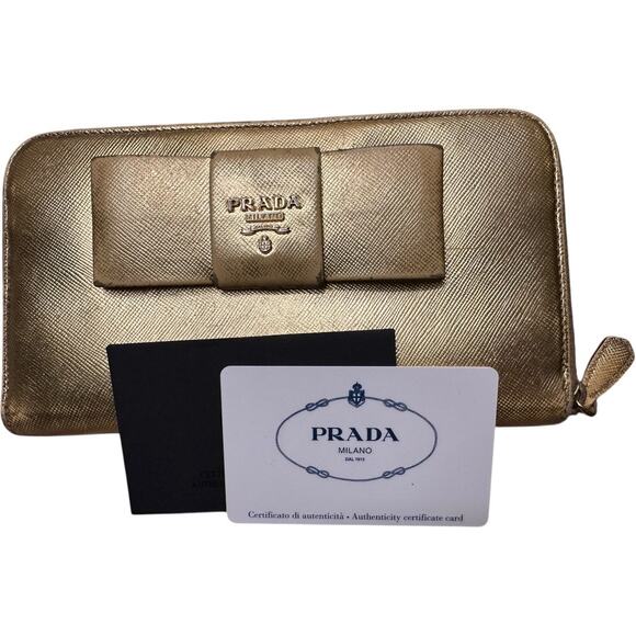 Prada + Authenticity Card Gold Saffiano Leather Prada long zippy wallet bow COA - Picture 2 of 7